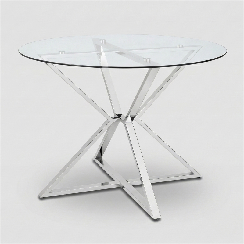 Furniture of America Leonisis Glass Top Round Dining Table in Chrome