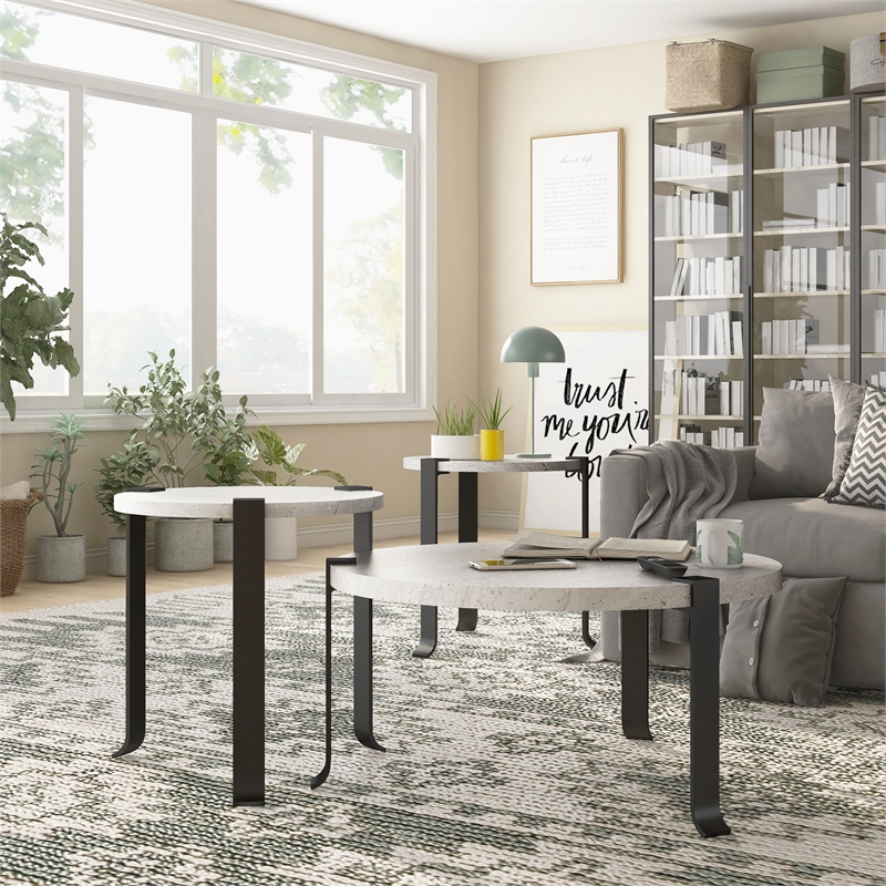 Furniture of America Marwell Metal 3-Piece Coffee Table Set in Antique White