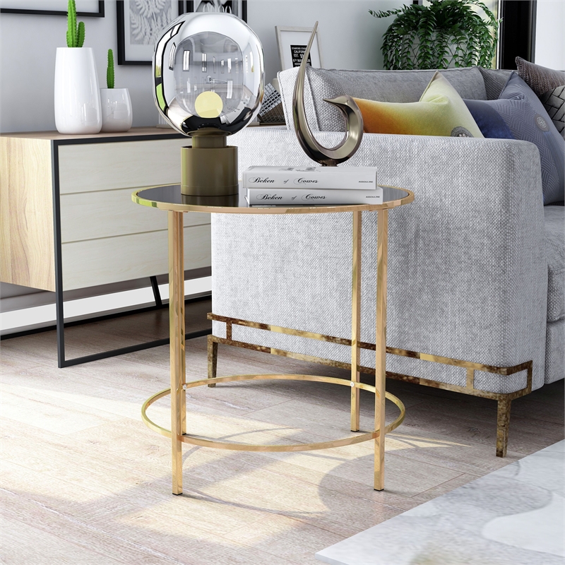 Furniture of America Keefer Contemporary Glass Top Side Table in Champagne Gold