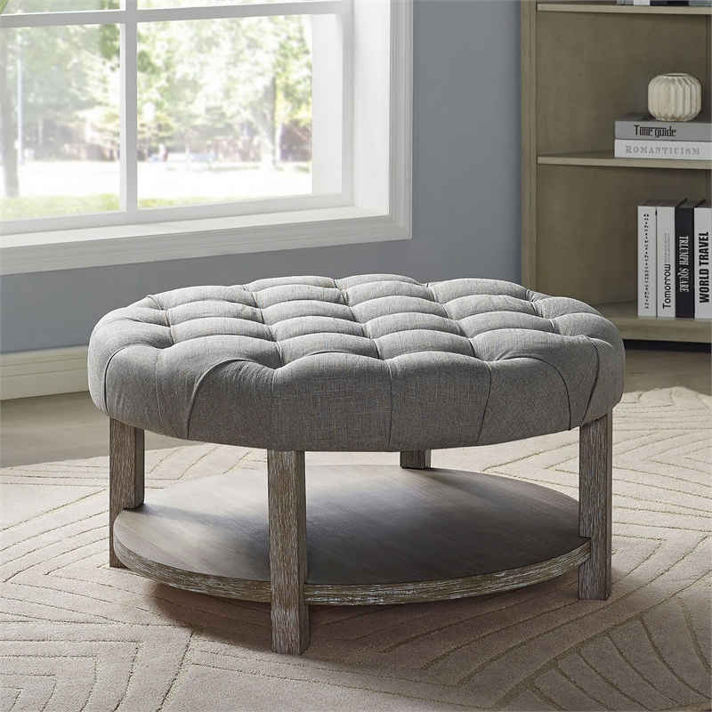 Furniture of America Shoreditch Wood Ottoman in Natural Tone and Light Gray