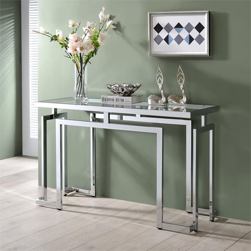 Furniture of America Mahone Contemporary Glass Top Console Table in Chrome