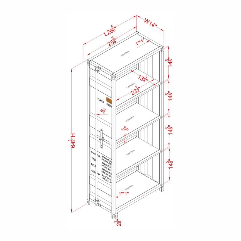 Furniture of America Mandom Modern Metal 4-Shelf Bookcase in Red Powder Coating