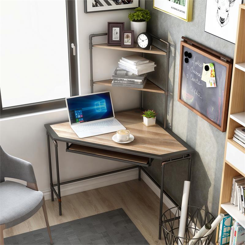 Furniture of America Flak Industrial Wood Corner Desk with Shelves in Sand Black