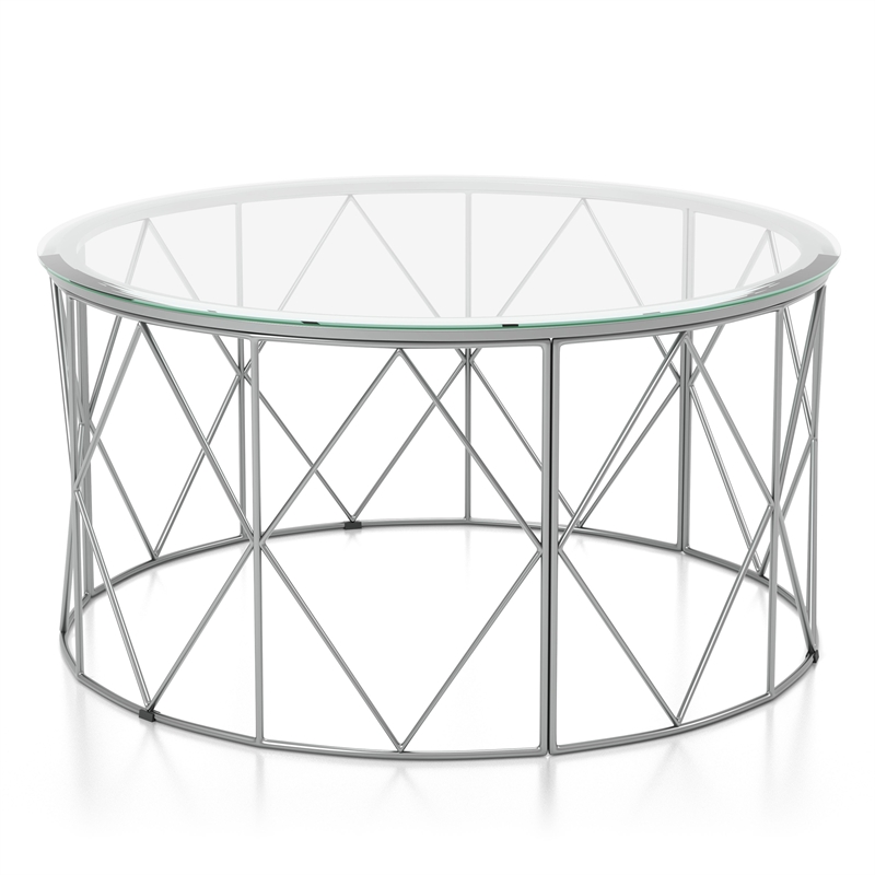 Furniture of America Fland Contemporary Glass Top Round Coffee Table in Chrome