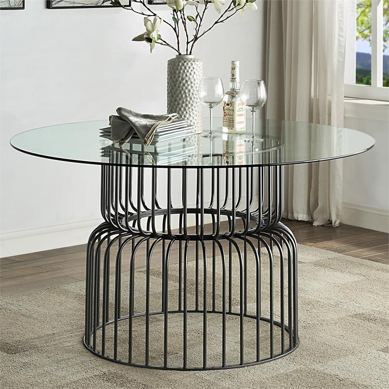 Furniture of America Trila Glass Top Round Dining Table in Silver Gun Metal