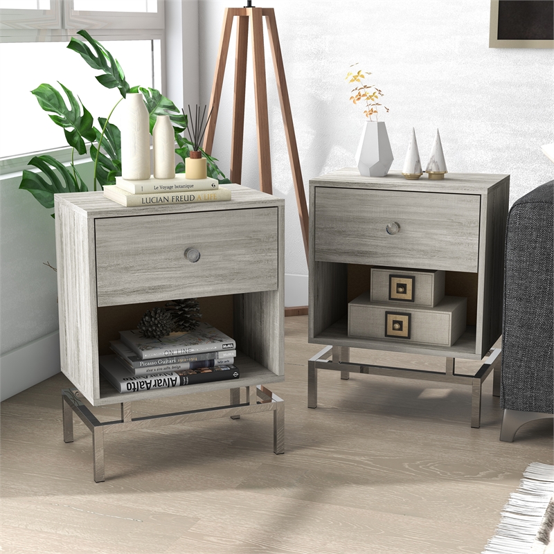 Furniture of America Lyn Wood End Table with USB Port in Light Gray (Set of 2)
