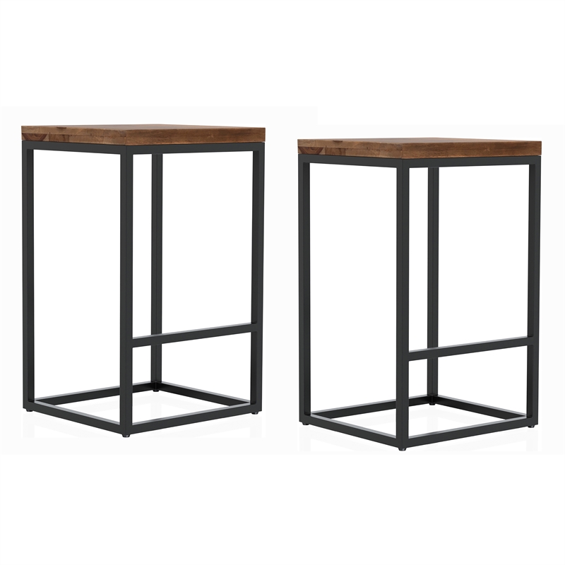 Furniture of America Druze Solid Wood and Metal Oak Square Barstool Set of 2