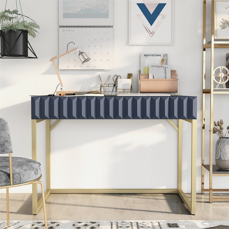 Furniture of America Giffore Wood Writing Desk with USB Port in Blue