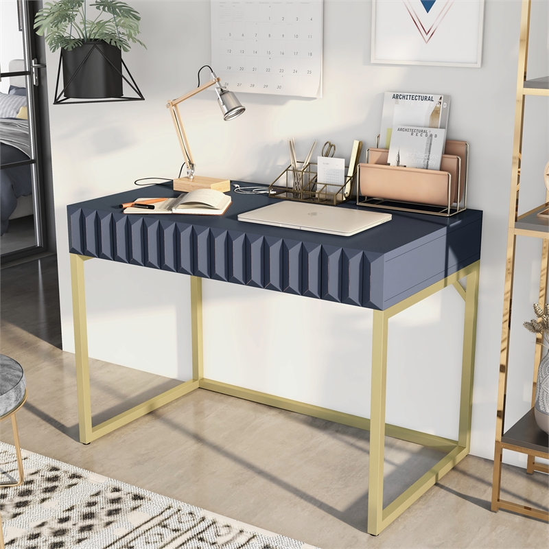 Furniture of America Giffore Wood Writing Desk with USB Port in Blue