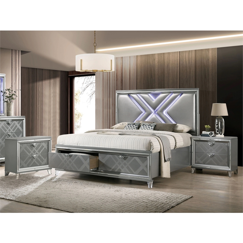 FOA Anaiya 3-Piece Silver Solid Wood Bedroom Set - King + 2 Nightstands