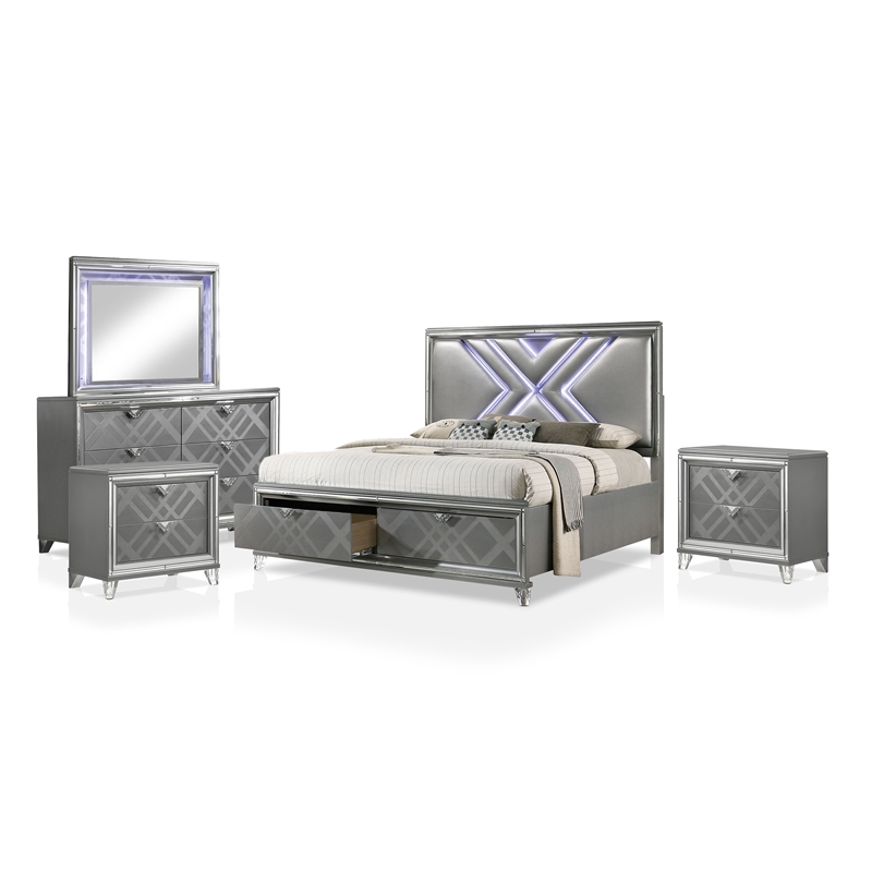 FOA Anaiya 5pc Silver Wood Bed Set - King + 2 Nightstands + Dresser + Mirror