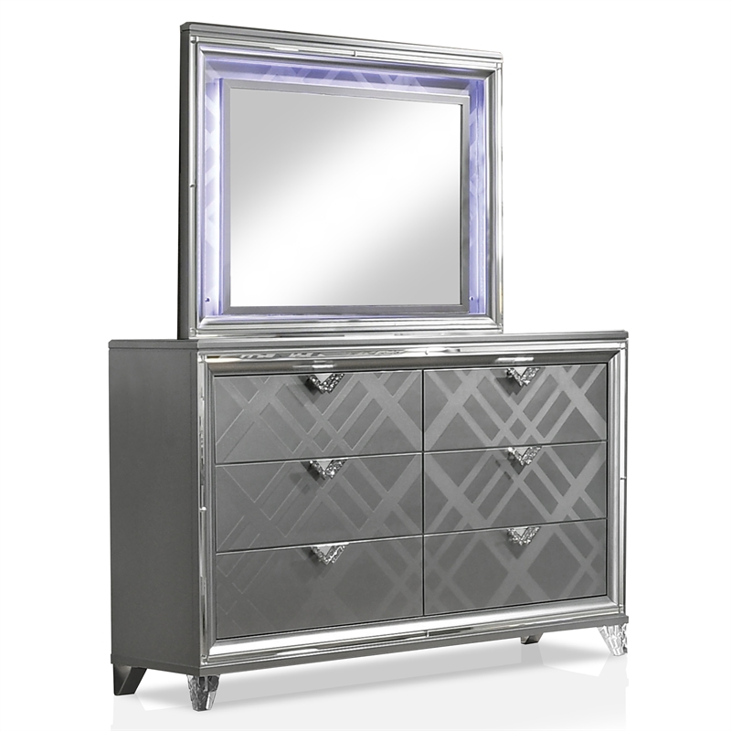 FOA Anaiya 5pc Silver Wood Bed Set - King + 2 Nightstands + Dresser + Mirror