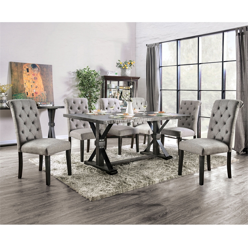Furniture of America Castore Rustic Wood 7-Piece Dining Table Set in Light Gray