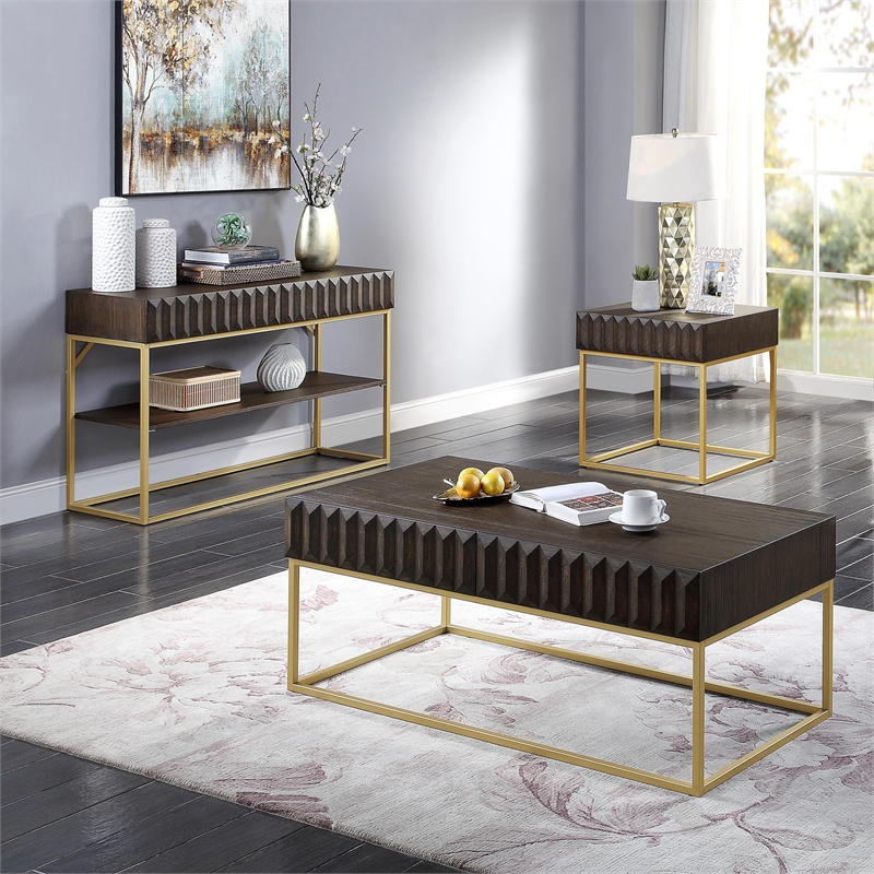 Furniture of America Giffore Metal 3-Piece Coffee Table Set in Walnut