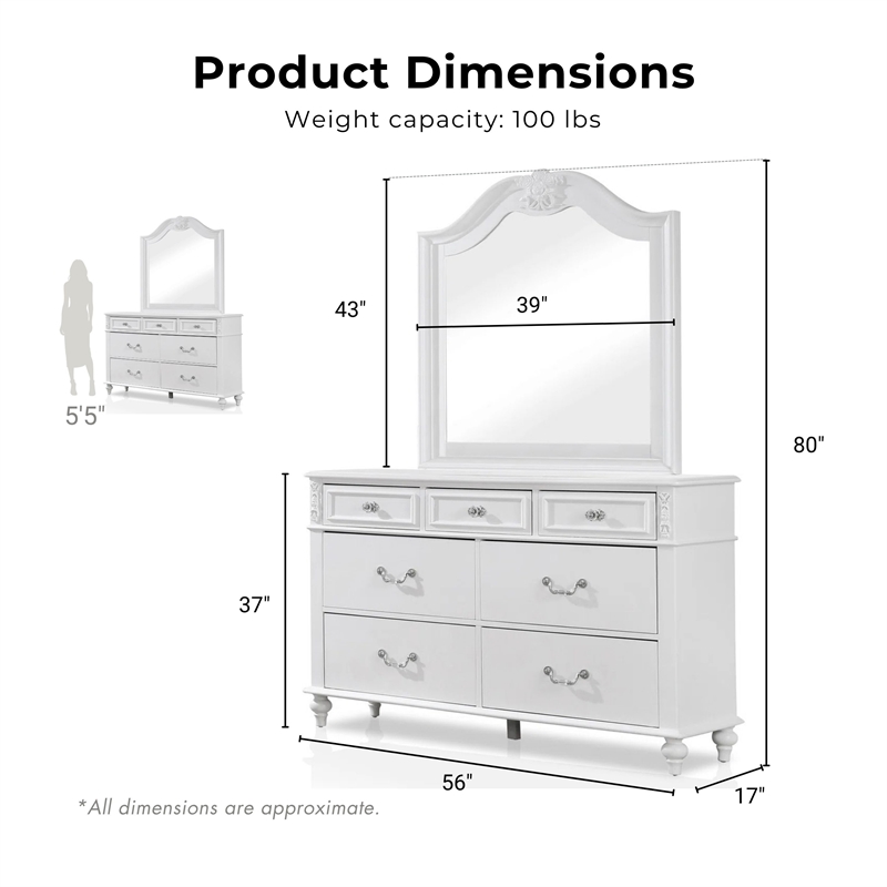 FOA Mondu 5pc White Wood Bedroom Set - Full + 2 Nightstands + Dresser + Mirror