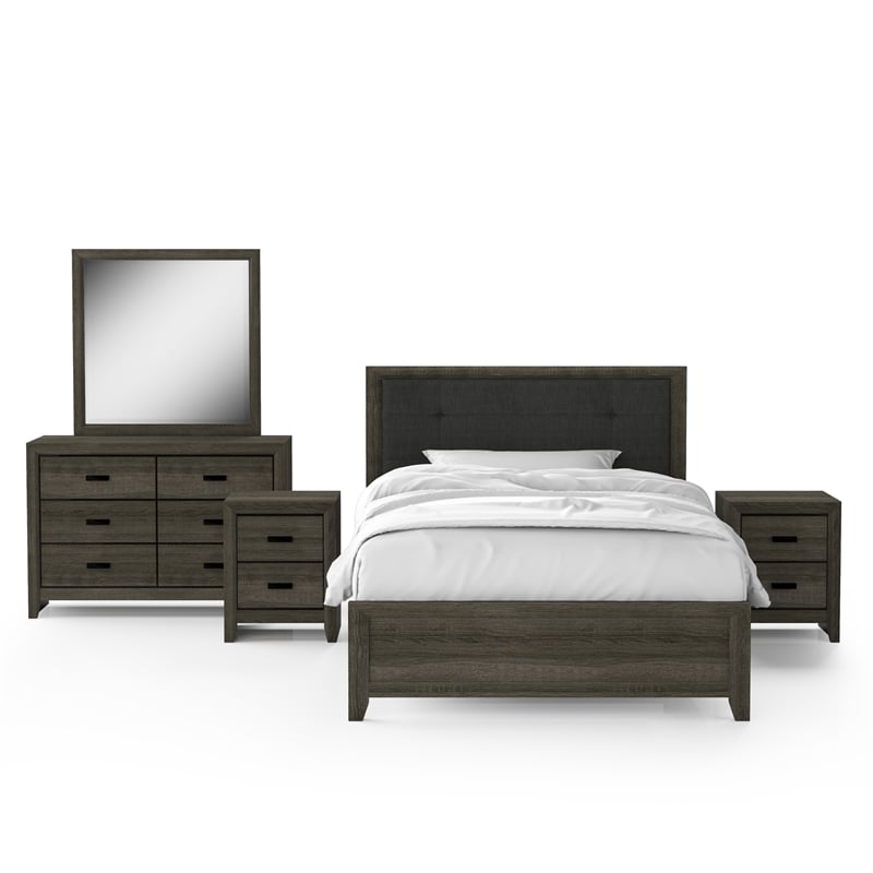 FOA Livorn 5pc Gray Wood Bedroom Set - Full + 2 Nightstands + Dresser + Mirror