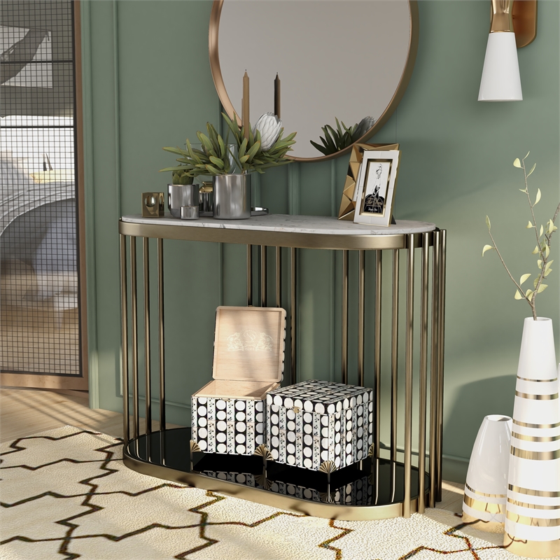 Furniture of America Kual Contemporary Metal 1-Shelf Console Table in Brass