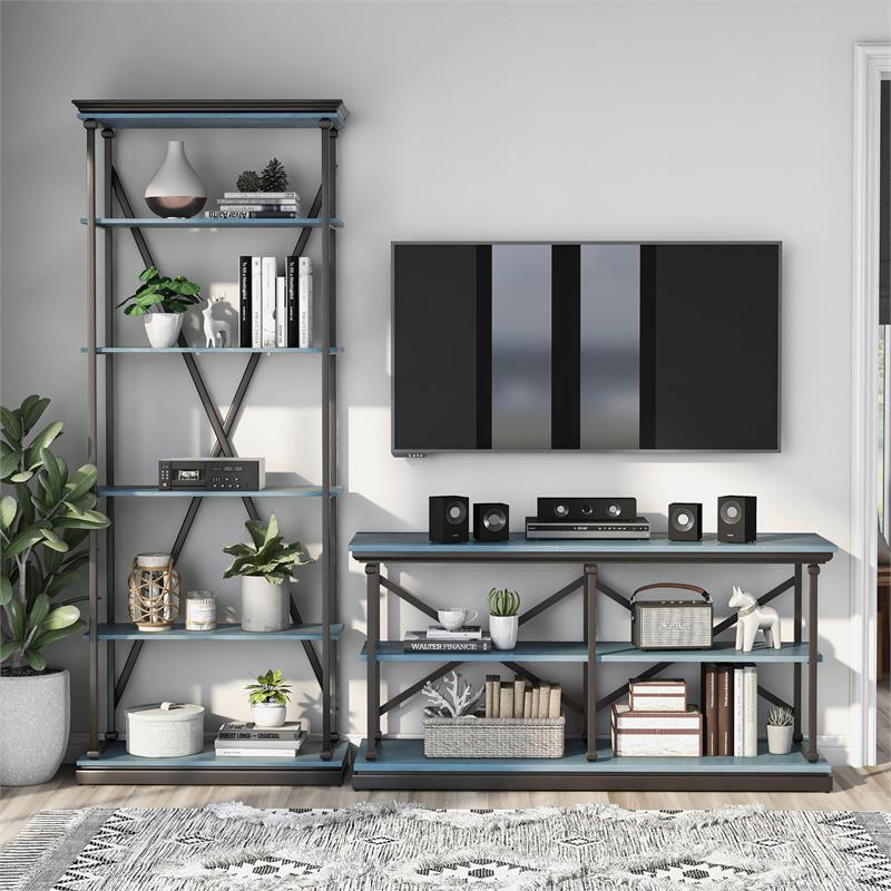 Furniture of America Drewden Metal 2pc Console Table and Bookcase Set in Blue