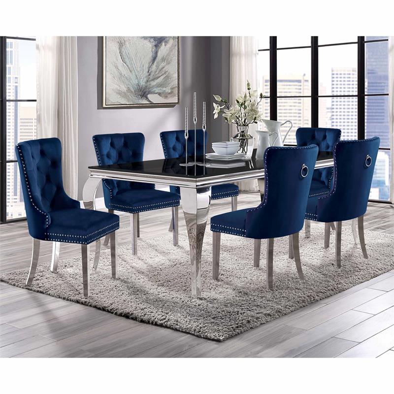Furniture of America Edi Metal 7-Piece Dining Table Set in Black and Blue
