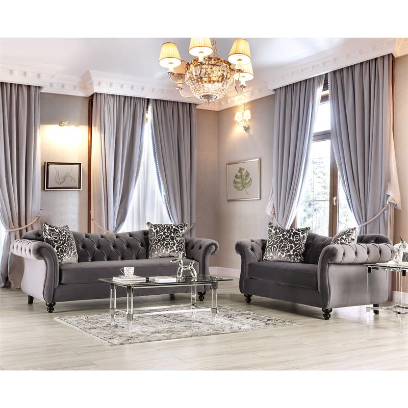Furniture of America Luo Glam Fabric Tufted 2-Piece Sofa Set in Gray