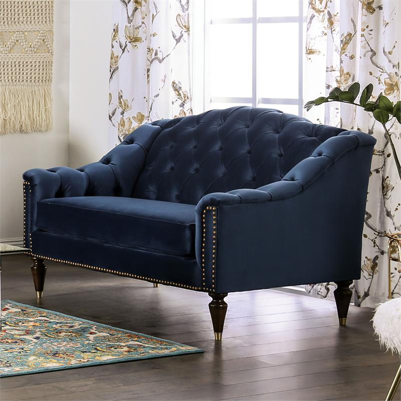 Furniture of America Tidi Transitional Fabric Tufted 2-Piece Sofa Set in Blue