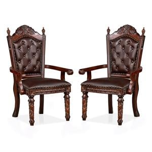 Furniture of America Dian Solid Wood Tufted Arm Chair in Cherry (Set of 2)