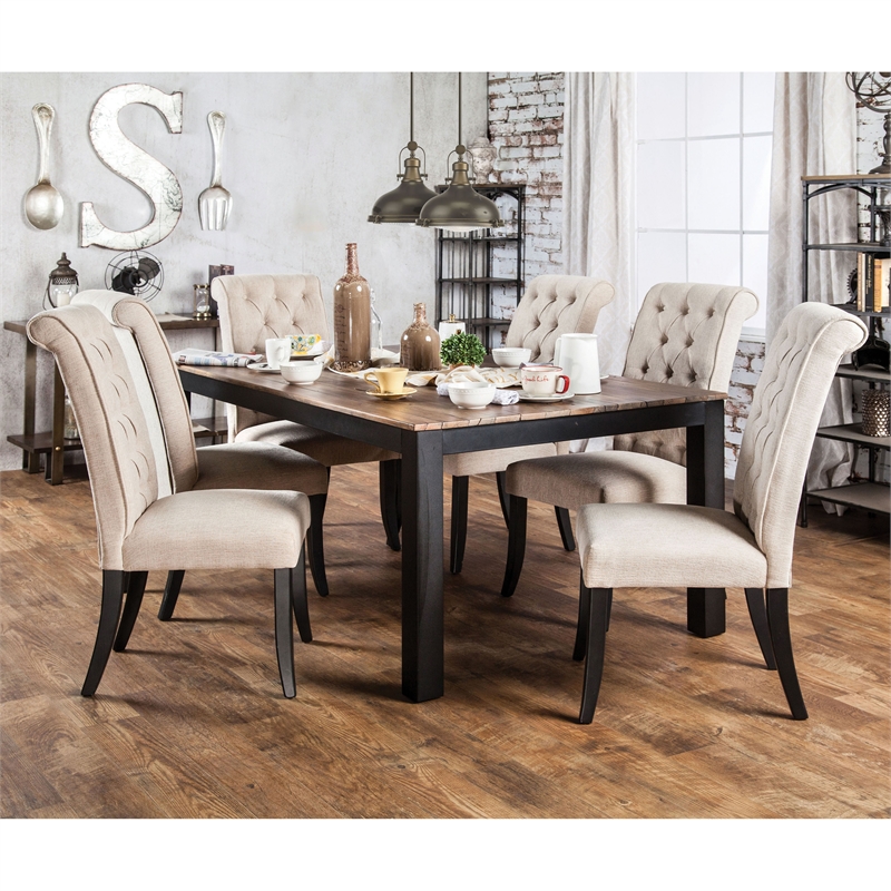 Furniture of America Kay Rustic Wood 7-Piece Dining Set in Black and Beige