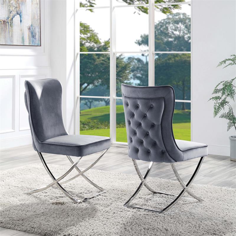 Furniture of America Loz Glam Velvet Upholstered Side Chair in Gray (Set of 2)