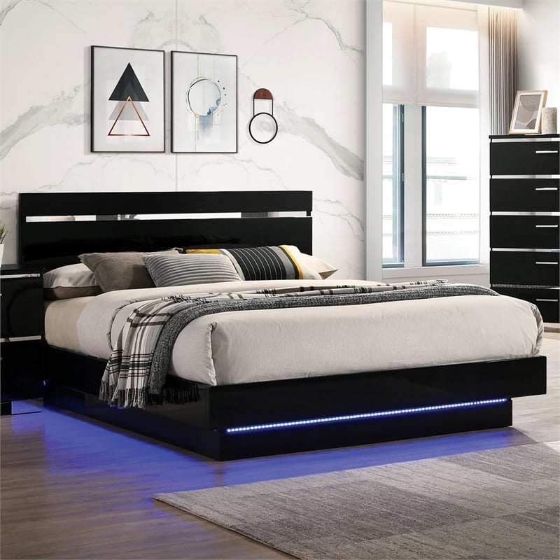 Furniture of America Malva Solid Wood Cal King Bed with LED Light in Black