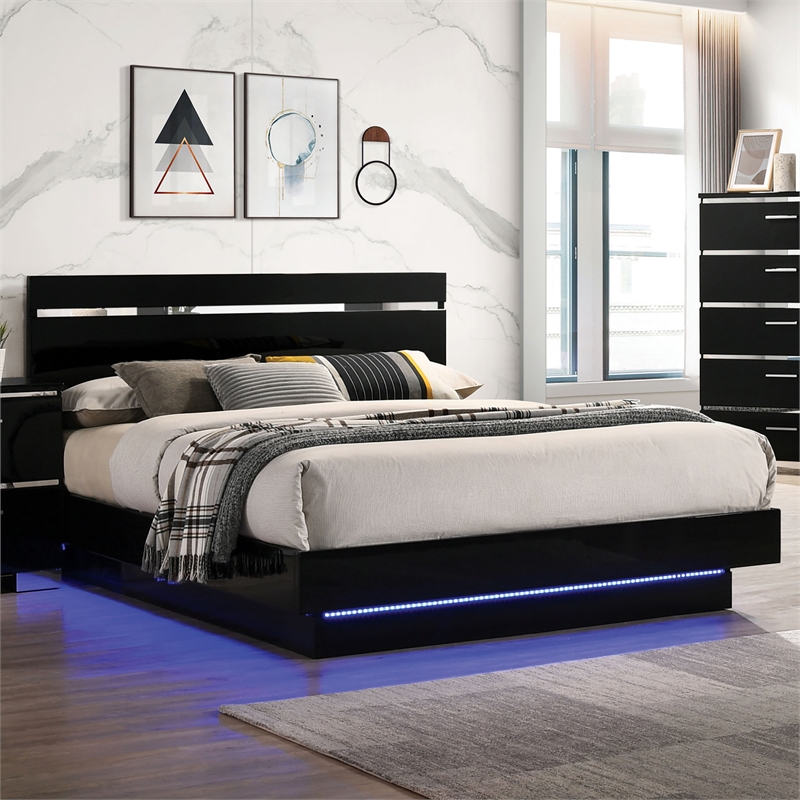 Furniture of America Malva Solid Wood Eastern King Bed with LED Light in Black