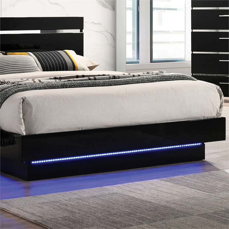 Furniture of America Malva Solid Wood Eastern King Bed with LED Light in Black