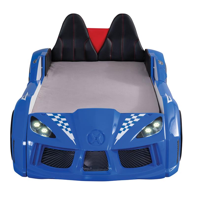 Furniture of America Sonet Plastic Twin Race Car Bed with LED Light in Blue