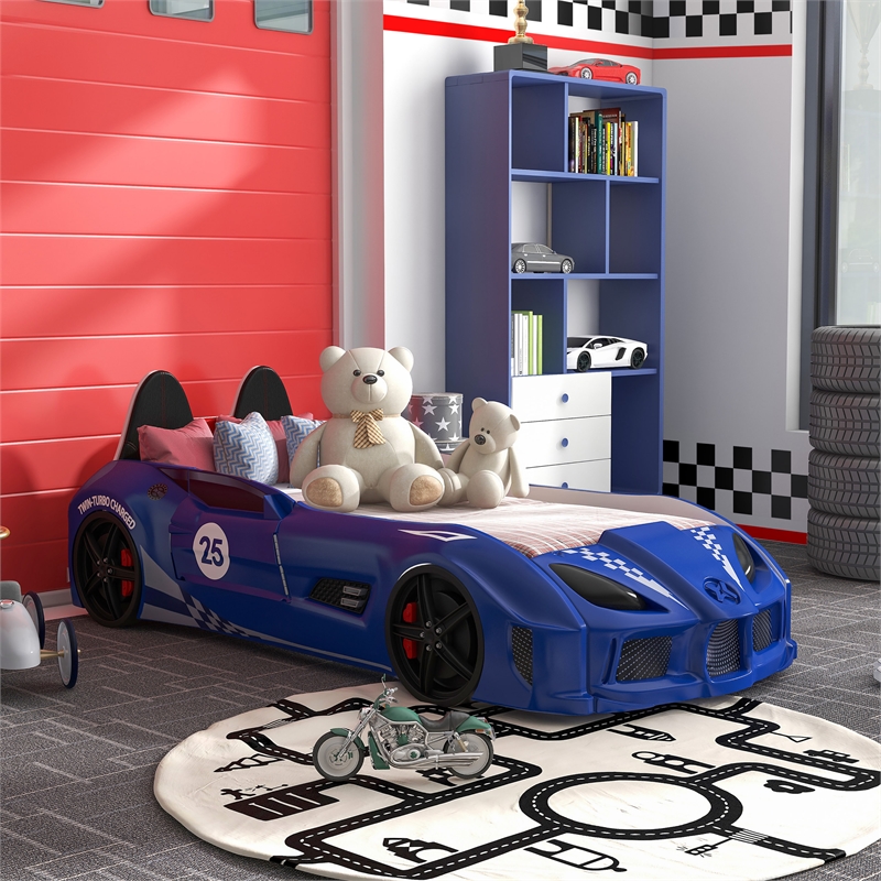 Furniture of America Sonet Plastic Twin Race Car Bed with LED Light in Blue