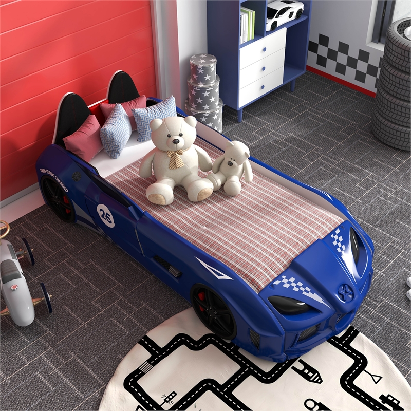 Furniture of America Sonet Plastic Twin Race Car Bed with LED Light in Blue