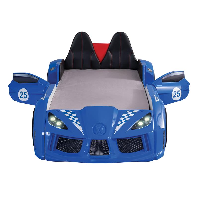Furniture of America Sonet Plastic Twin Race Car Bed with LED Light in Blue