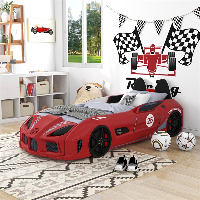Furniture of America Sonet Plastic Twin Race Car Bed with LED Light in Red