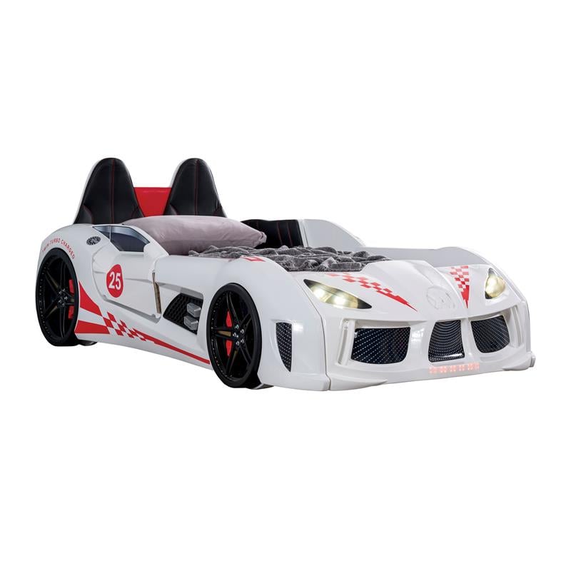 Furniture of America Sonet Plastic Twin Race Car Bed with LED Light in White