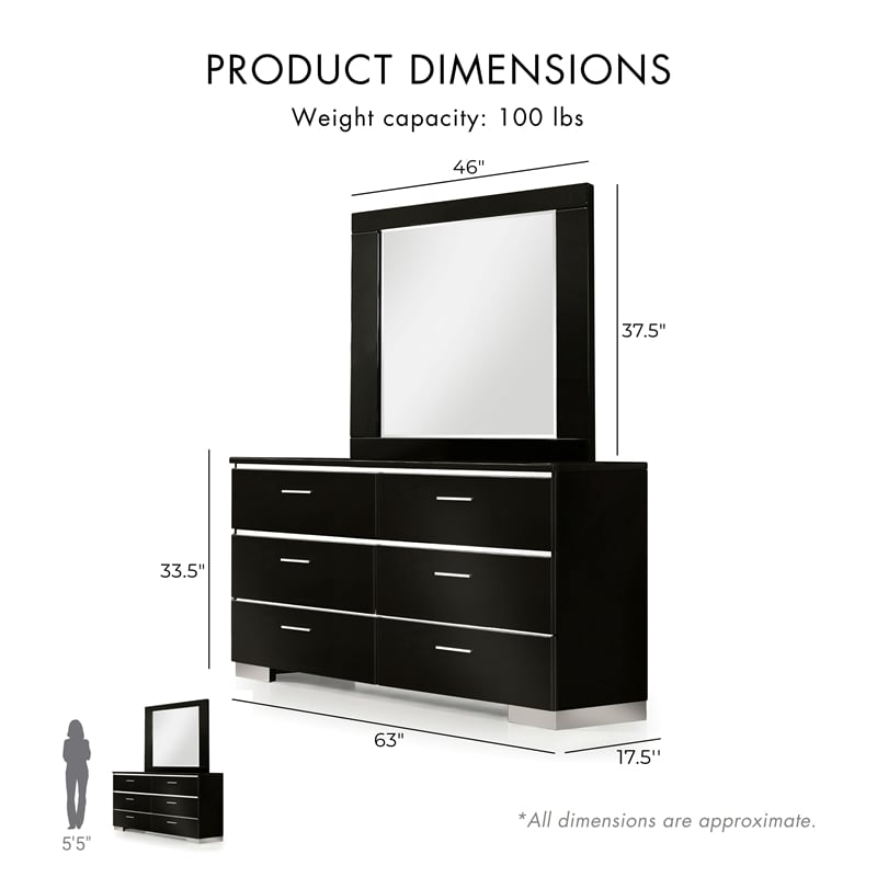 FOA Malva 5pc Black Wood Bedroom Set-King + 2 Nightstands + Dresser + Mirror