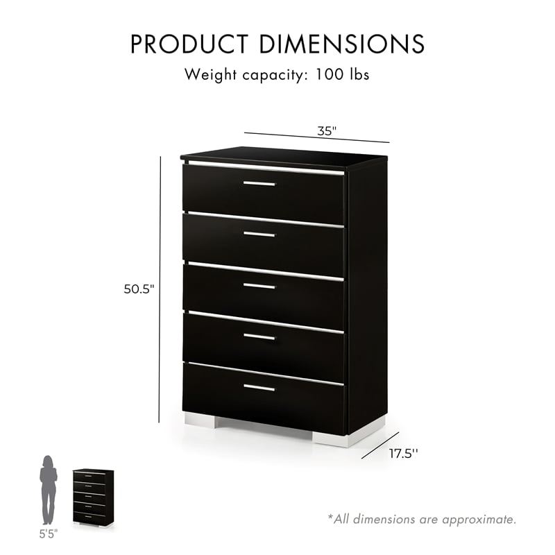 FOA Malva 6pc Black Wood Bedroom Set-Queen+2 Nightstands+Chest+Dresser+Mirror
