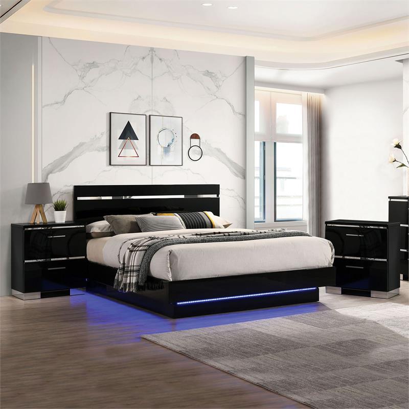 Furniture of America Malva 3pc Black Wood Bedroom Set-Queen + 2 Nightstands