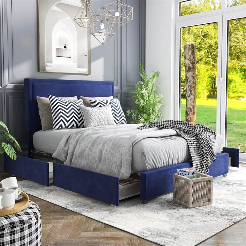 Furniture of America Tink Platform Fabric Full Bed with Drawers in Navy