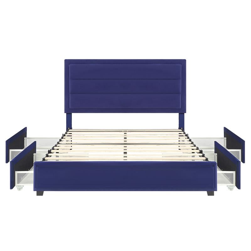 Furniture of America Tink Platform Fabric Queen Bed with Drawers in Navy
