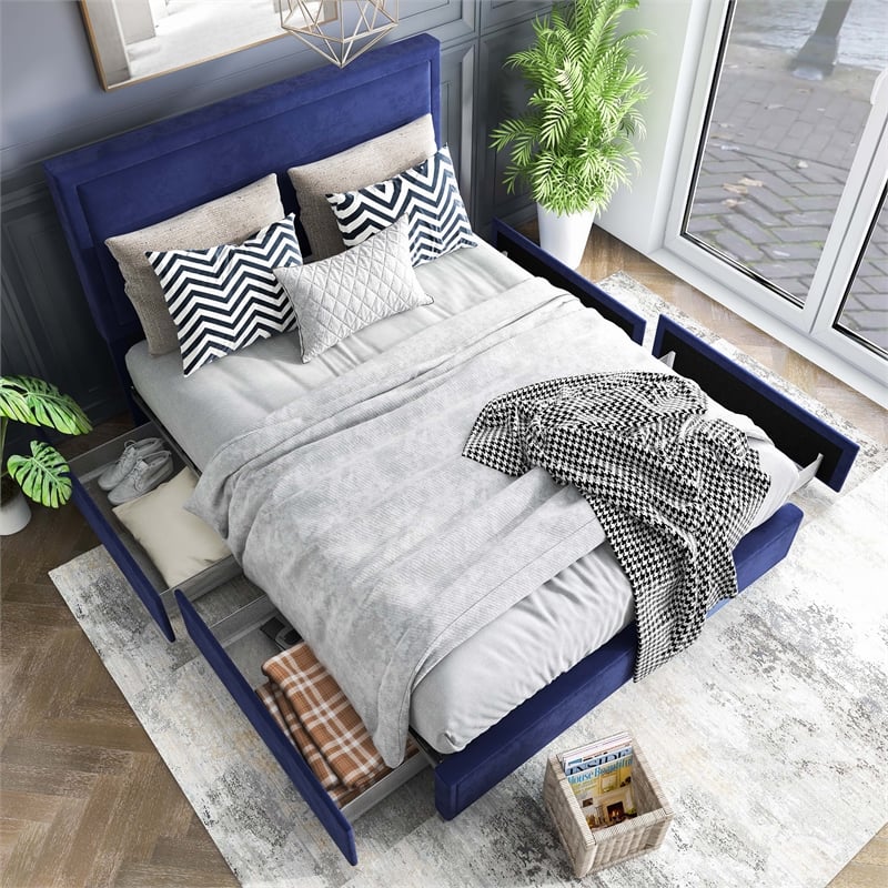 Furniture of America Tink Platform Fabric Queen Bed with Drawers in Navy