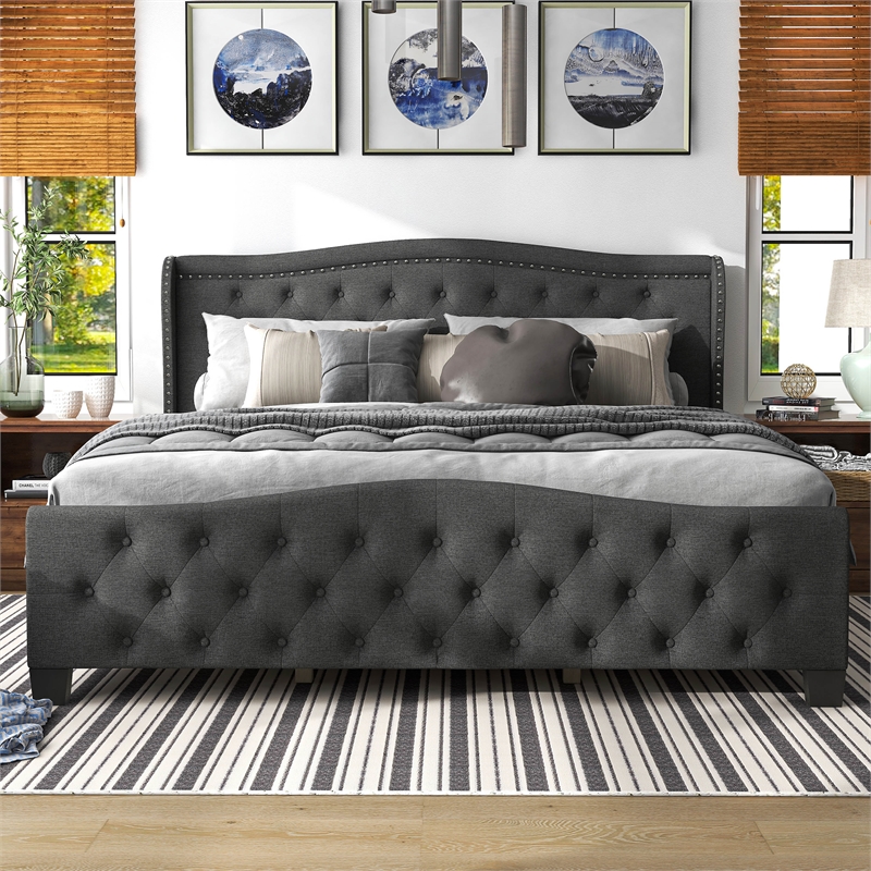 Furniture of America Trisha Dark Gray Full Button Tufted Fabric Upholstered Bed