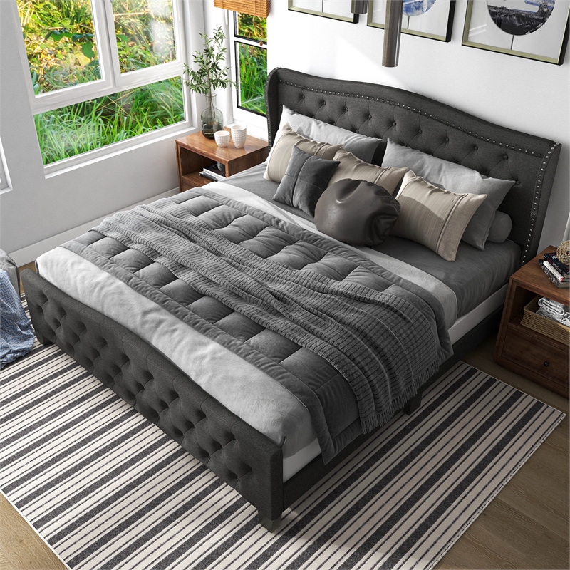 Furniture of America Trisha Dark Gray Queen Button Tufted Fabric Upholstered Bed