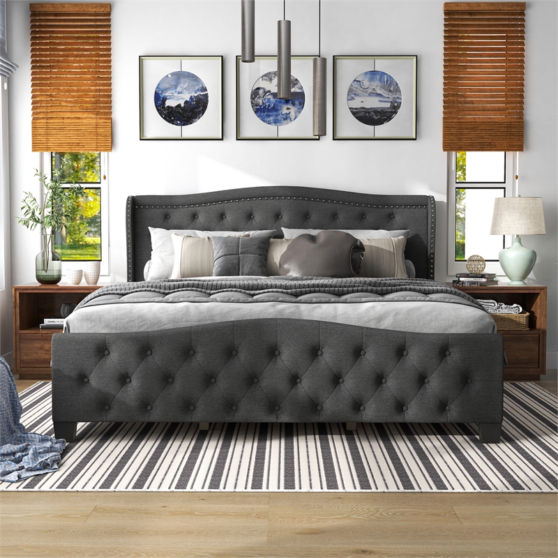 Furniture of America Trisha Dark Gray Queen Button Tufted Fabric Upholstered Bed