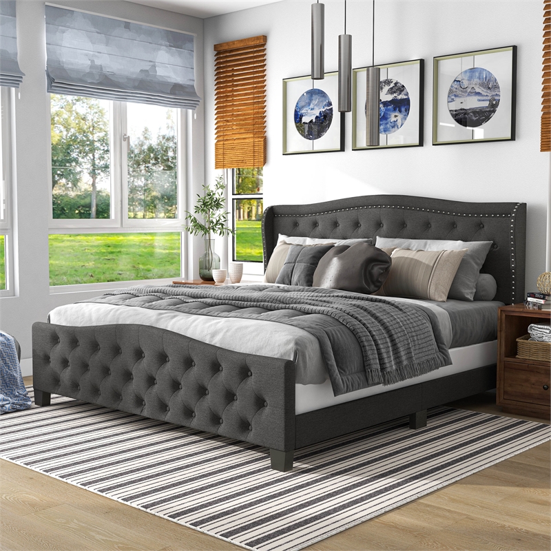 Furniture of America Trisha Dark Gray Queen Button Tufted Fabric Upholstered Bed
