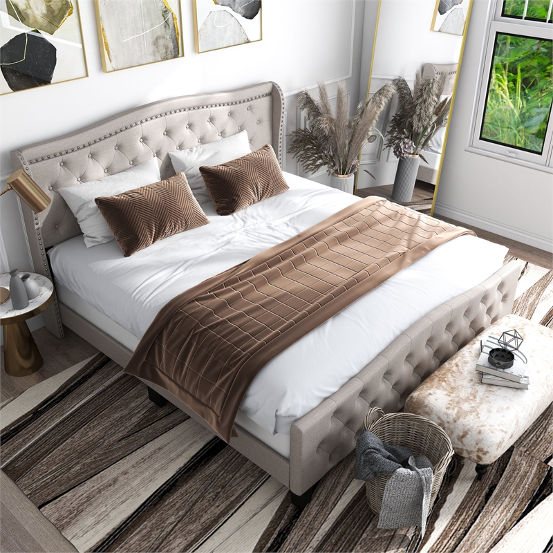 Furniture of America Trisha Ivory King Button Tufted Fabric Upholstered Bed