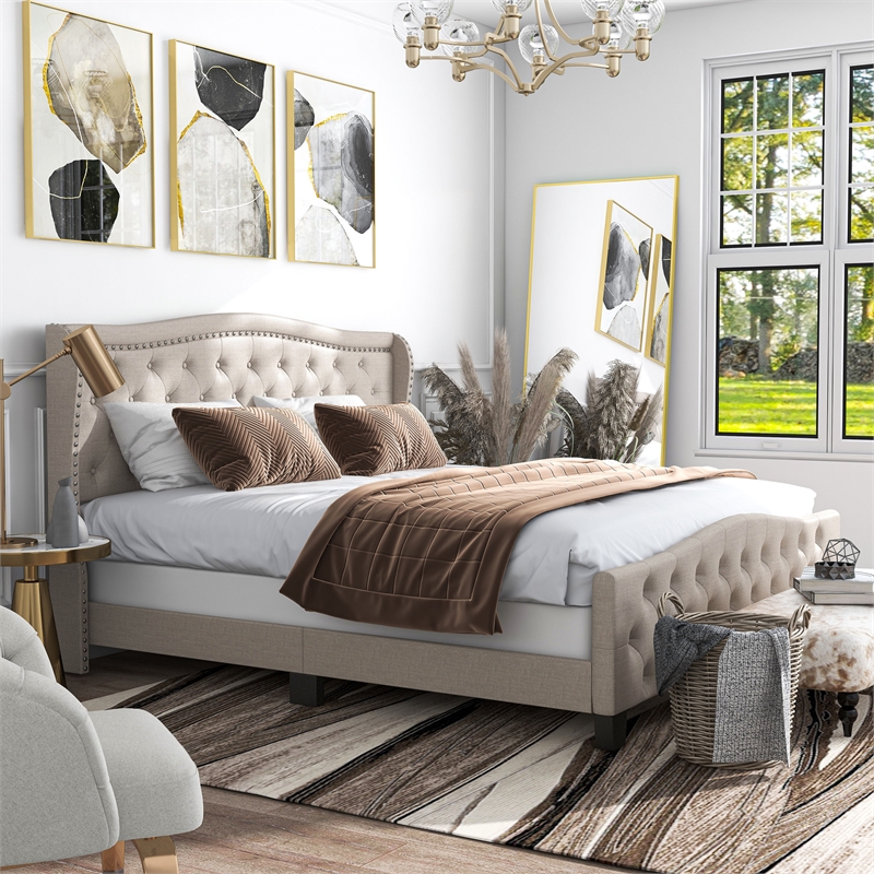 Furniture of America Trisha Ivory Queen Button Tufted Fabric Upholstered Bed