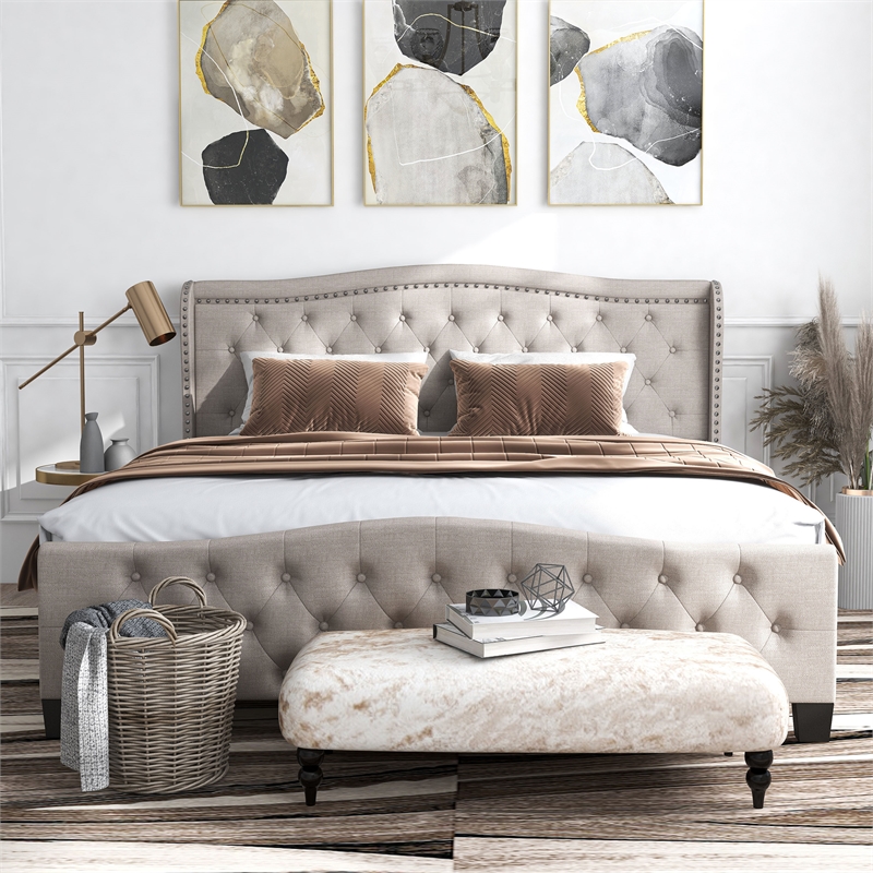 Furniture of America Trisha Ivory Queen Button Tufted Fabric Upholstered Bed